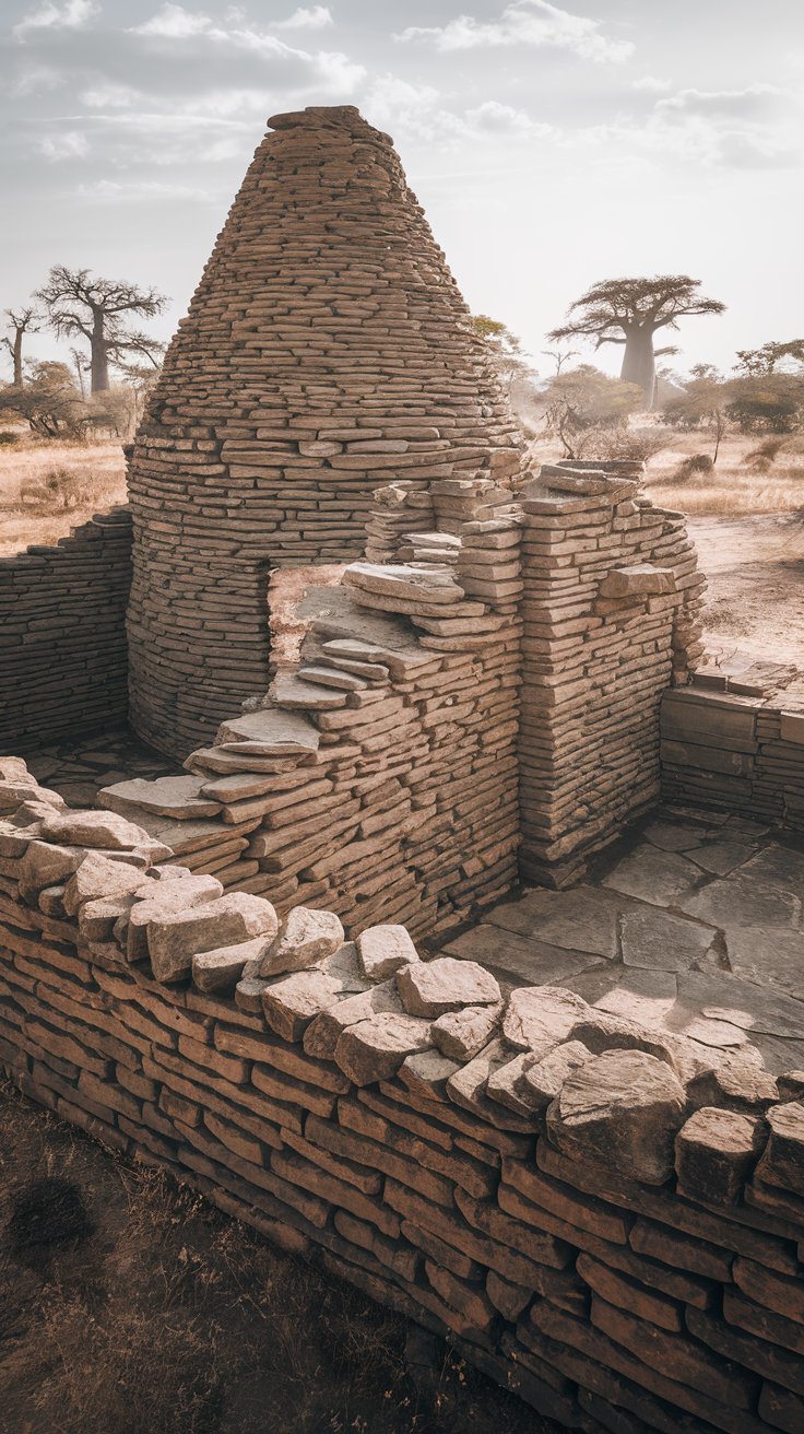 exterior, ancient stone ruin of Great Zimbabwe, Zimbabwe, hot sunny day, dry stacked granite stones, conical tower