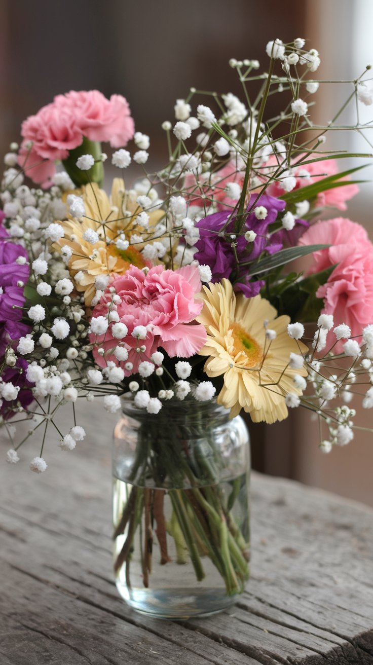 chaotic floral arrangement in a clear baby bottle vase, overflowing with vibrant, slightly mismatched grocery store flowers like carnations, daisies, and baby's breath