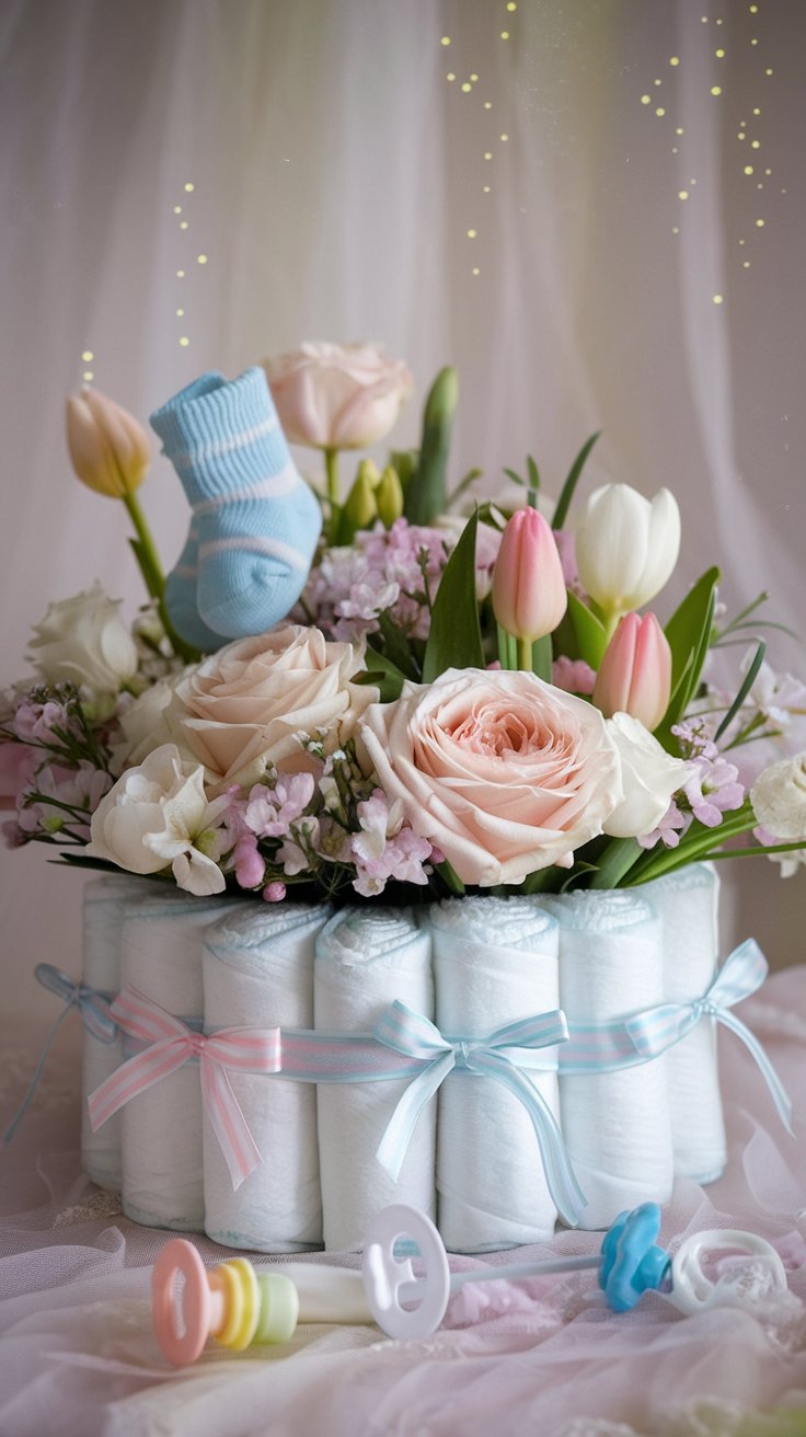 Whimsical baby shower centerpiece. A base of rolled white diapers tied with pastel ribbons forms the structure. Tucked into the diaper rolls are pastel roses, tulips, and freesia. Baby socks and pacifiers are playfully incorporated amongst the flowers
