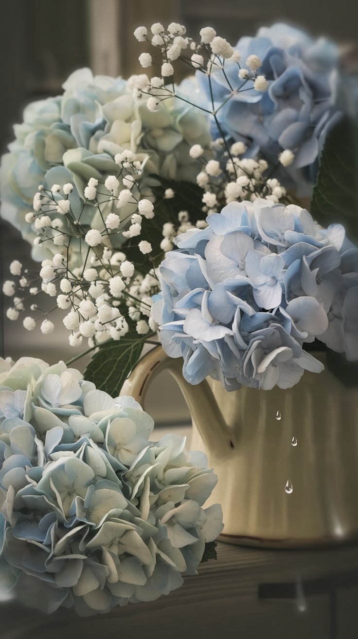 Slightly melancholic yet humorous floral arrangement. Pale blue and white hydrangeas and baby's breath droop artfully over the edge of a vintage-style ceramic pot. A few strategically placed water droplets mimic tears on the petals