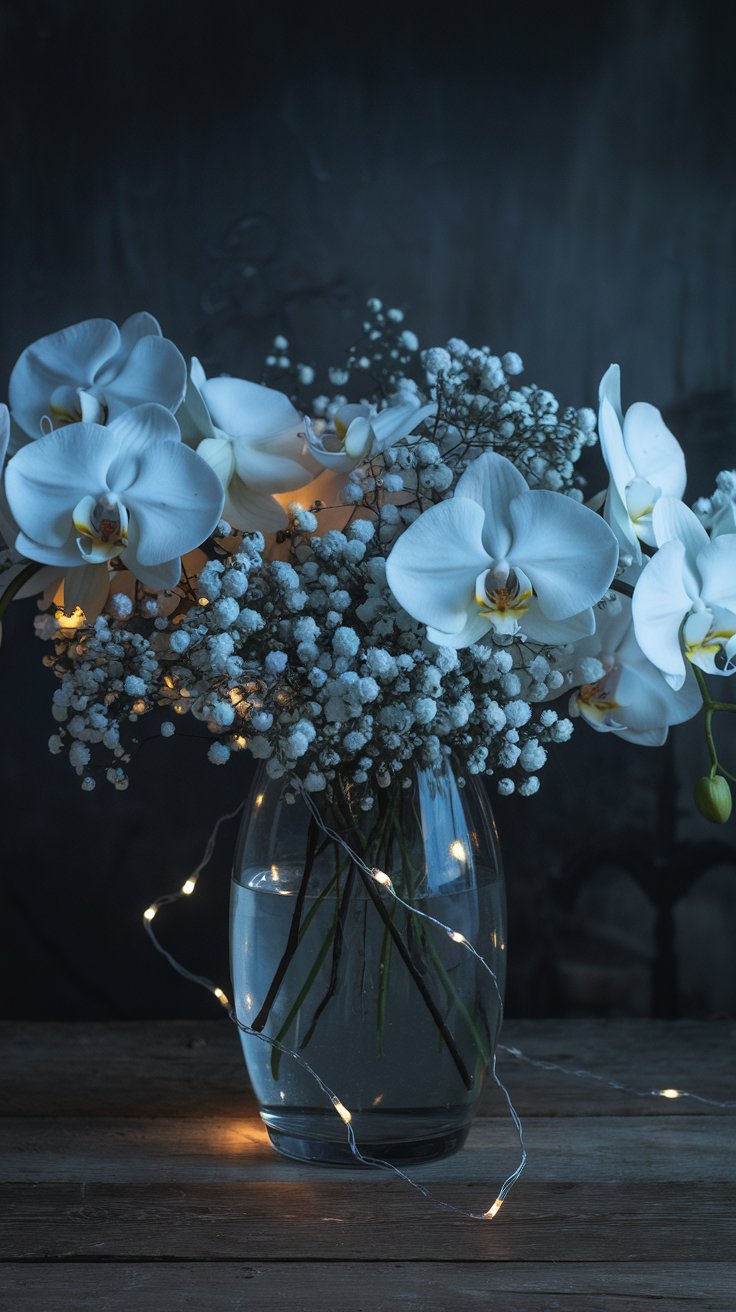 surreal floral arrangement. A dark, moody background highlights a clear vase filled with white orchids and baby's breath. Hidden LED fairy lights woven through the flowers create a soft, ethereal glow. Subtle, magical lighting