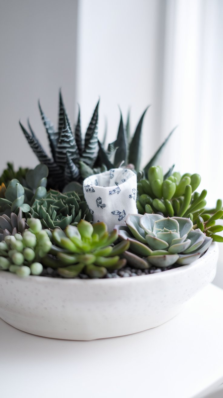 Modern, minimalist succulent arrangement in a white ceramic bowl. Various textures and shapes of succulents in shades of green and grey are artfully arranged. A tiny, strategically placed baby burp cloth peeks out from the succulents