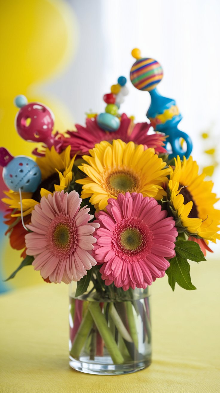 Playful and vibrant floral arrangement. Brightly colored gerbera daisies and sunflowers are arranged in a clear vase. Baby rattles in various shapes and colors are playfully incorporated, some sticking out like floral picks