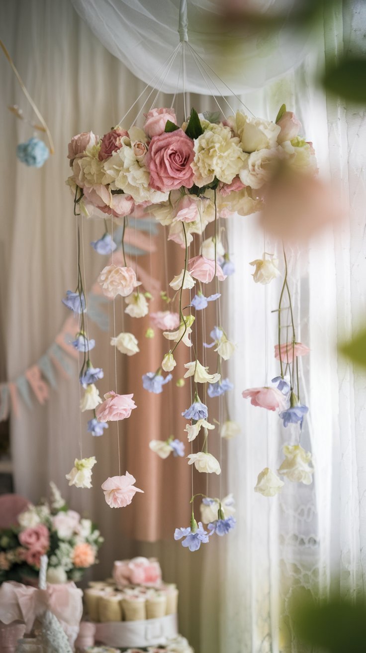 Elegant and whimsical floral mobile hanging from a sheer white curtain. Delicate pastel flowers like roses, lilies of the valley, and sweet peas are suspended on thin wires, creating a floating effect