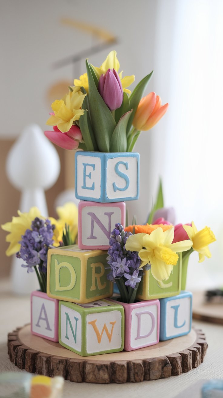Charming and colorful baby block floral arrangement. Wooden baby blocks are stacked to create tiers, each block acting as a mini-vase holding bright tulips, hyacinths, and daffodils. Alphabet letters are visible on some blocks