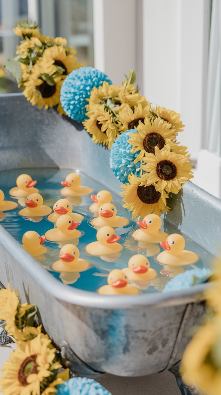 Fun and whimsical bath-themed floral arrangement. A vintage metal bathtub (miniature or toy-sized) is filled with blue-tinted water and floating yellow rubber ducks. Bright yellow sunflowers and craspedia billy balls are arranged to look like they are playfully bobbing amongst the ducks