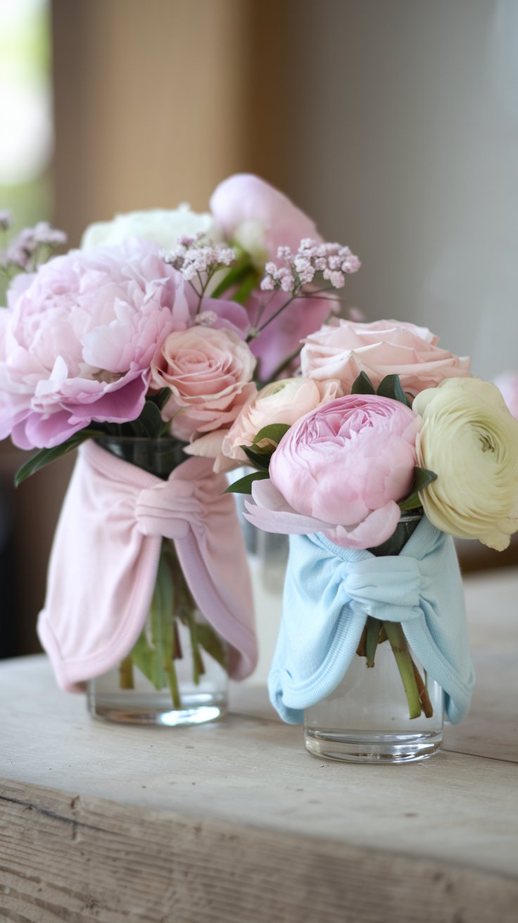Charming and resourceful floral arrangement. Pastel-colored baby onesies are draped artfully over small glass vases, creating fabric "sleeves." Peonies, roses, and ranunculus in complementary pastel shades are arranged inside the vases