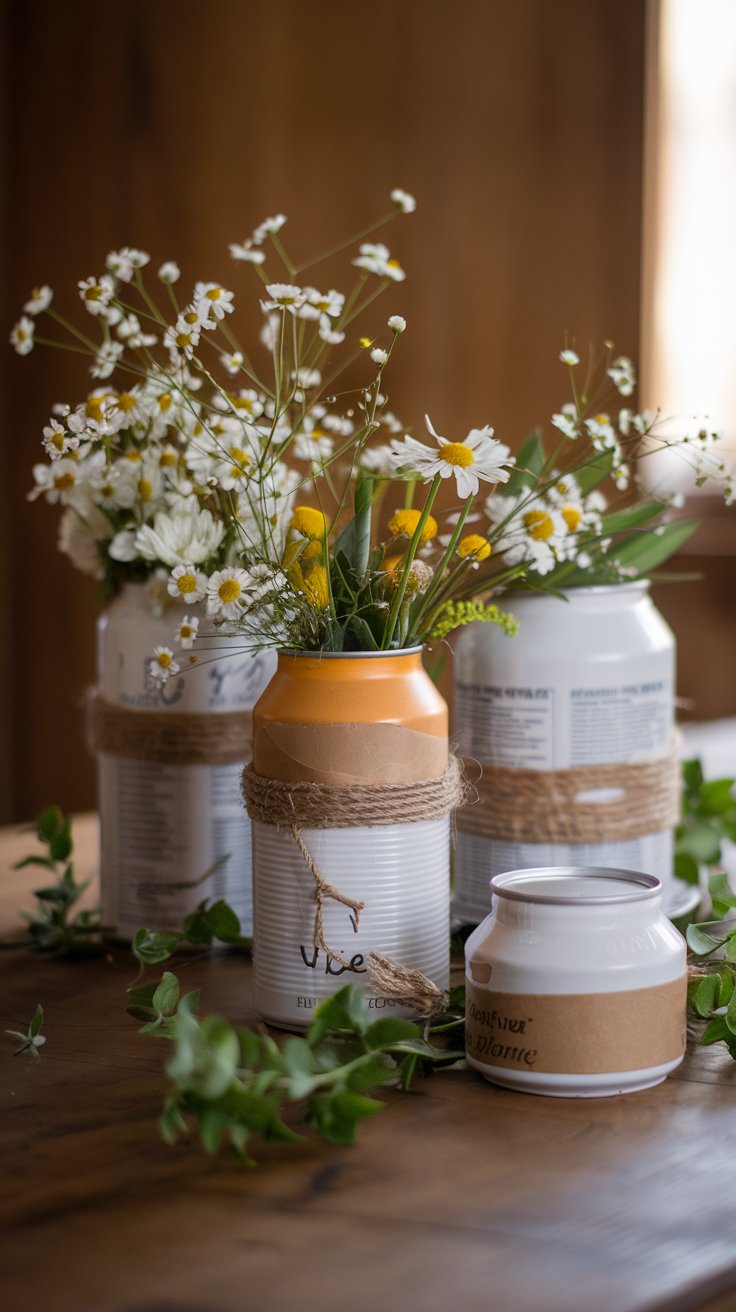 Rustic-chic upcycled floral arrangement. Cleaned and decorated formula cans in varying sizes act as vases. Wildflowers, daisies, and greenery are arranged in a slightly messy, natural style. Jute twine and kraft paper accents on the cans add a rustic touch.