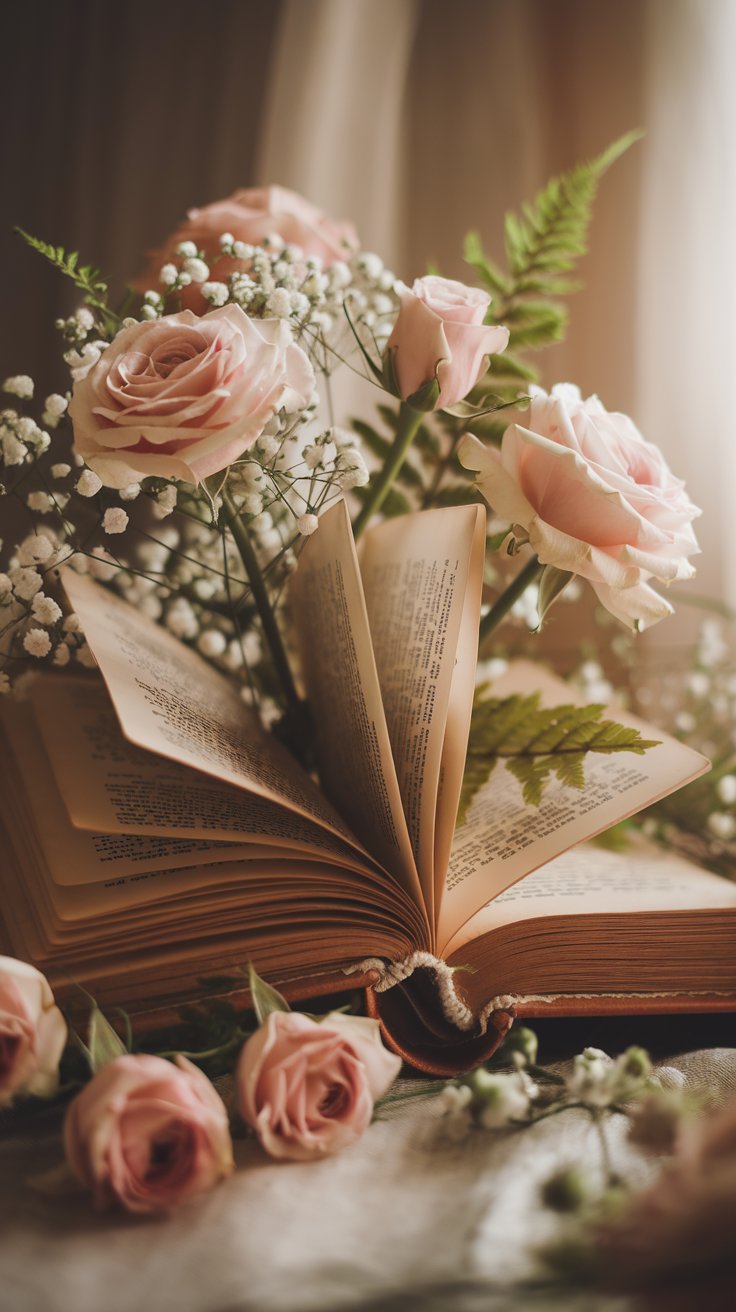Enchanting and whimsical storybook floral arrangement. A vintage baby storybook is open, with flowers appearing to spill out from the pages. Roses, baby's breath, and ferns are arranged to create a sense of organic growth from the book