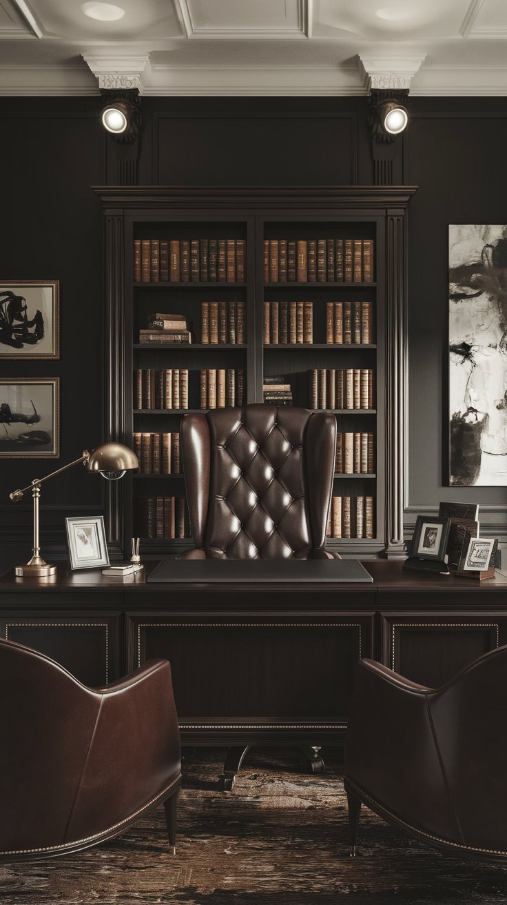 a modern masculine dark and moody executive office. Deep charcoal gray walls, dark wood paneling on the lower half of the walls. Dark wood executive desk in the center, facing forward. Plush, high-backed brown leather executive chair.