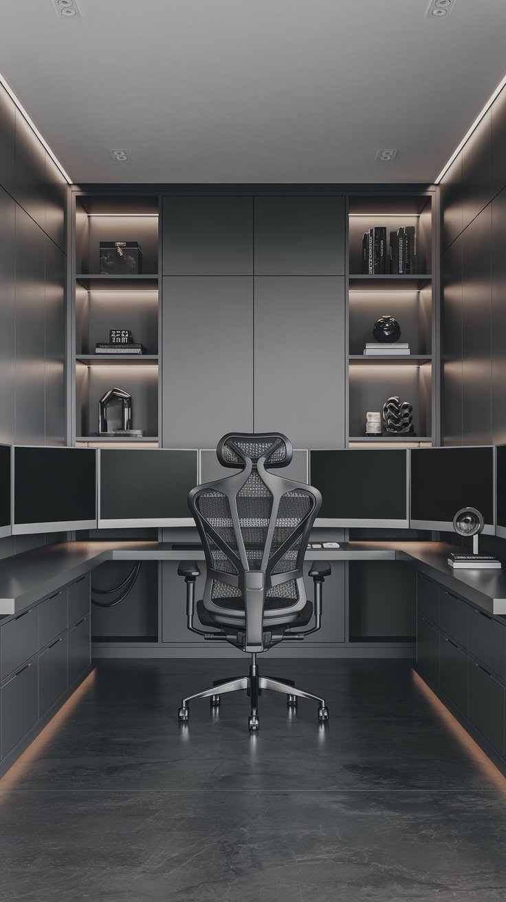 a modern masculine tech-forward command center office. Gray walls, dark gray floor. Large desk with built-in cable management, multiple monitors, facing forward. Ergonomic black mesh office chair. LED strip lighting under shelves and desk.