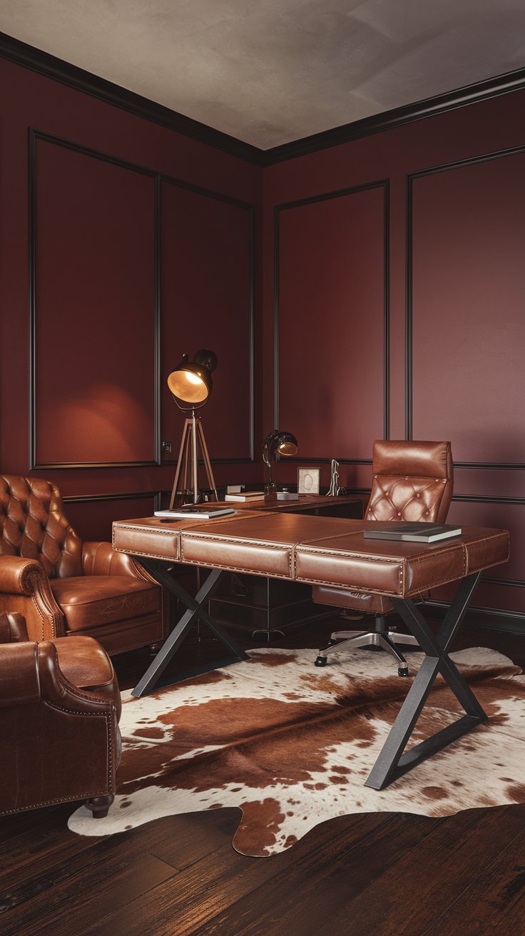 a modern masculine leather and metal den office. Deep red walls, dark wood floor. Leather top desk with metal legs in the center, facing forward. Brown leather armchair and office chair. Metal floor lamp with warm light. Cowhide rug on the floor