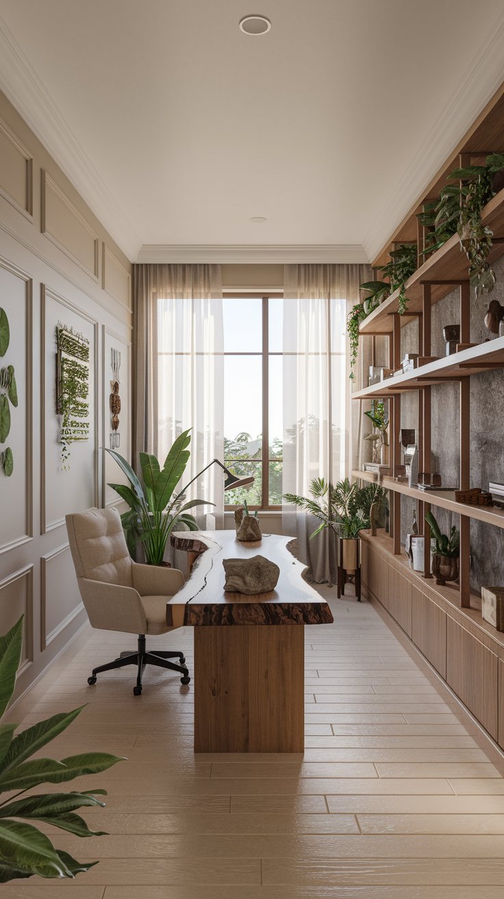 a modern masculine natural wood retreat office. Cream walls, light wood floor. Live-edge wood desk in the center, facing forward. Beige linen office chair. Wooden shelving unit with plants and natural decor. Stone desk accessories. Large window with sheer curtains