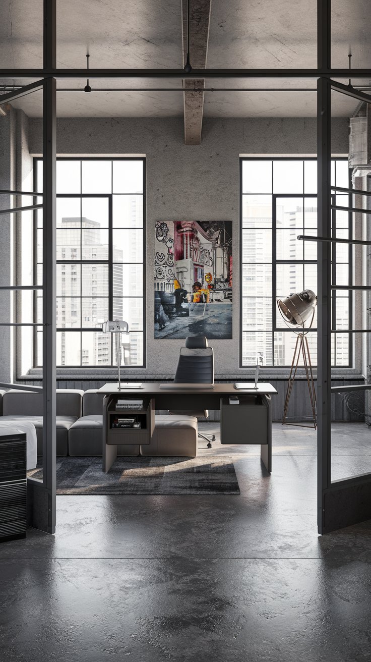 a modern masculine urban loft workspace office. Exposed concrete walls, polished concrete floor. Large windows with city views. Sleek desk with storage, facing forward. Modular gray sofa and industrial-style floor lamp in the background. Urban street art print on the wall.