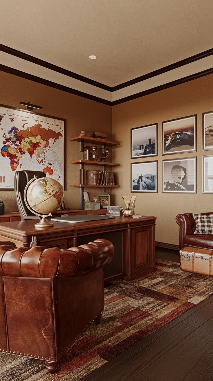 a modern masculine travel-inspired global headquarters office. Warm beige walls, dark wood floor. Large wooden desk with a globe on it, facing forward. Leather armchair and vintage suitcase in the corner. Wall map and travel photography