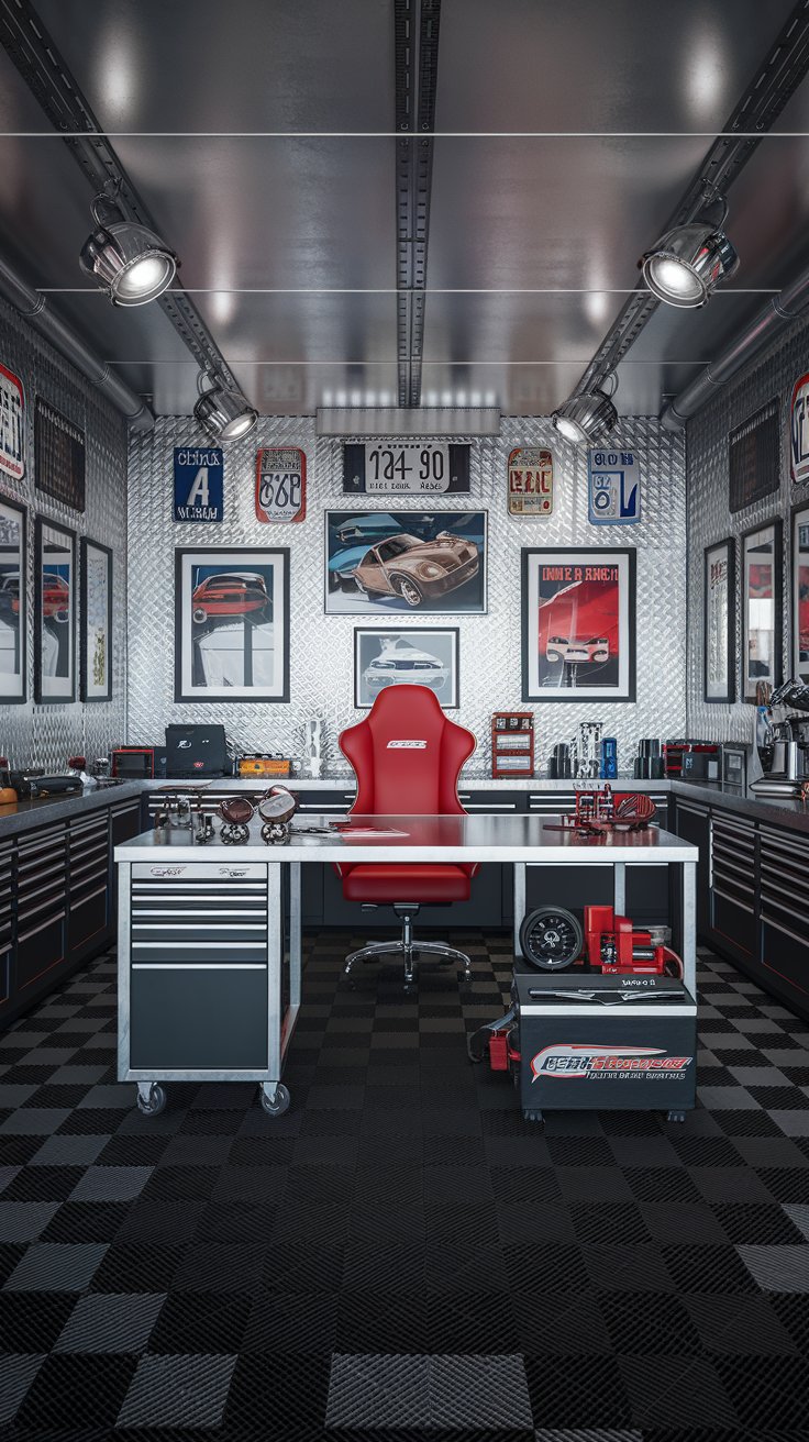 a modern masculine automotive enthusiast garage office. Metallic silver walls, checkered floor pattern. Metal desk with automotive tools and models, facing forward. Rolling tool chest for storage. Racing red office chair. Framed car posters and vintage license plates on the walls.