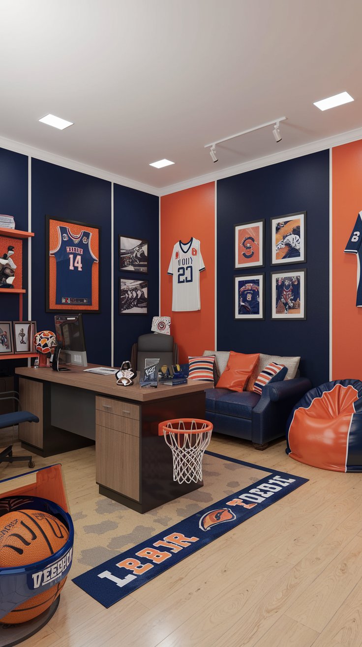 a modern masculine sports fan zone office. Team color walls (e.g., navy blue and orange), light wood floor. Desk with sports memorabilia, facing forward. Comfortable sofa and beanbag chair in team colors. Framed jerseys and sports photos on the walls.