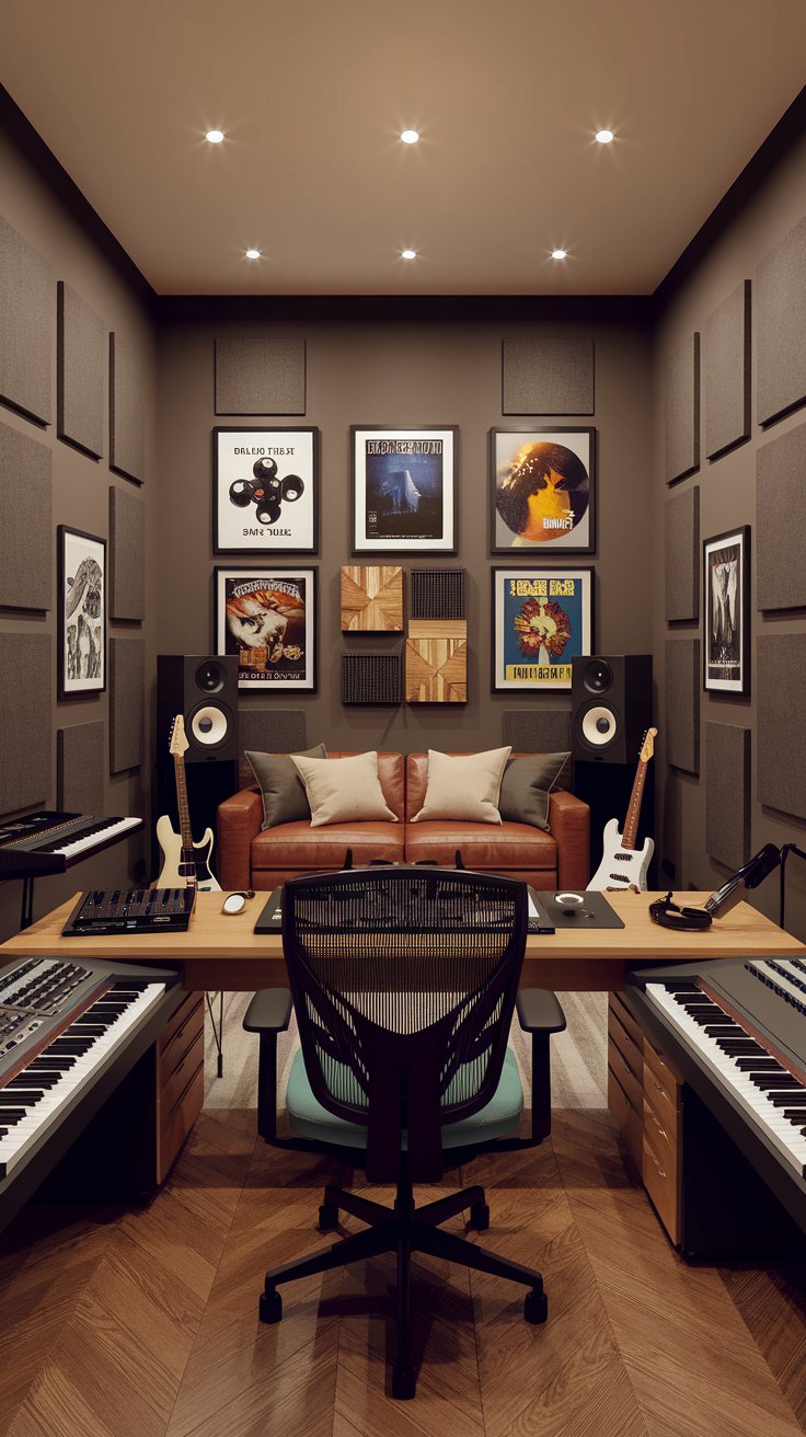 a modern masculine music lover's studio office. Warm gray walls, wood floor. Desk with music production equipment, facing forward. Guitar and keyboard in the background. Framed album covers and concert posters on the walls. Acoustic panels on the walls