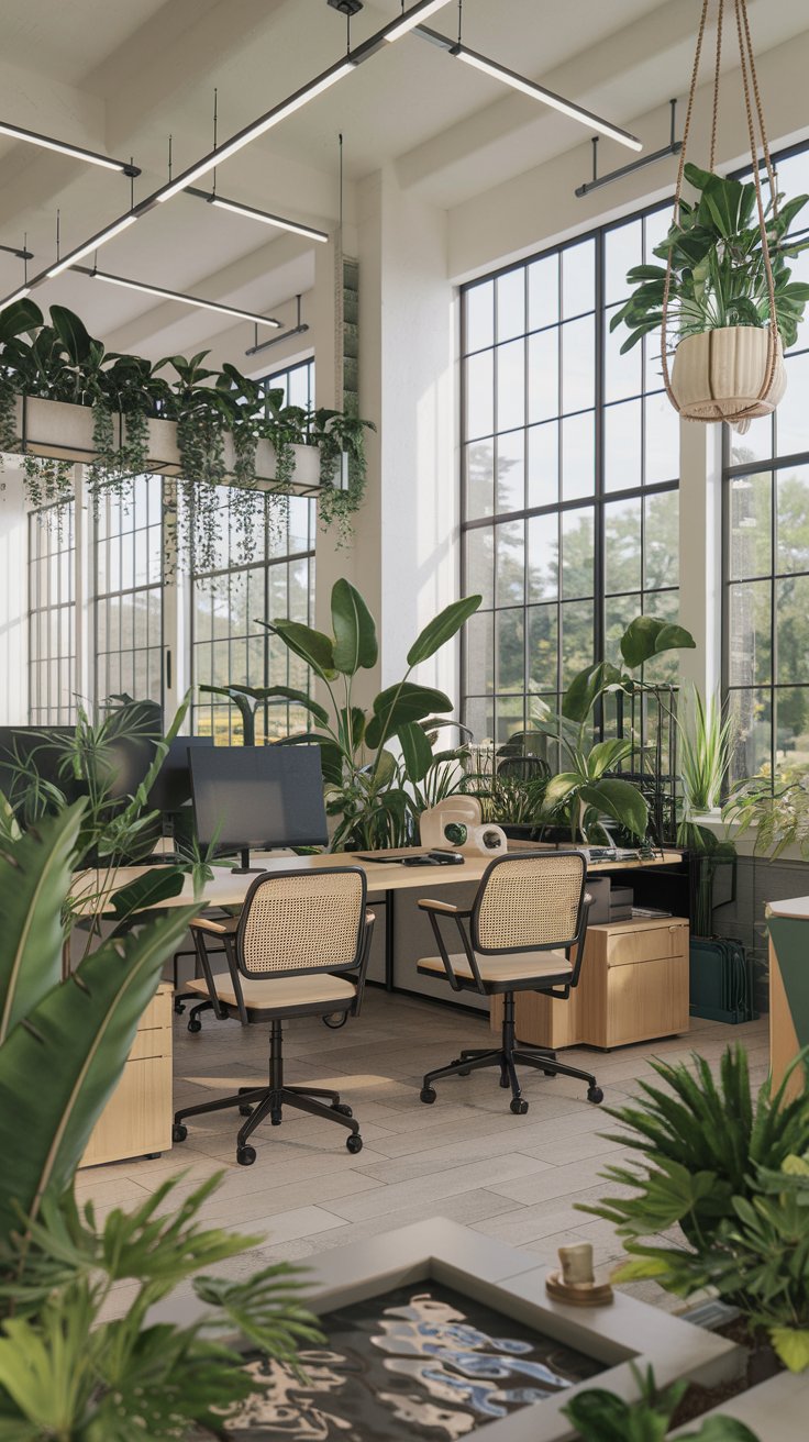a modern masculine green oasis office. White walls, light wood floor. Desk surrounded by plants, facing forward. Bamboo and rattan furniture accents. Hanging planters and floor plants.