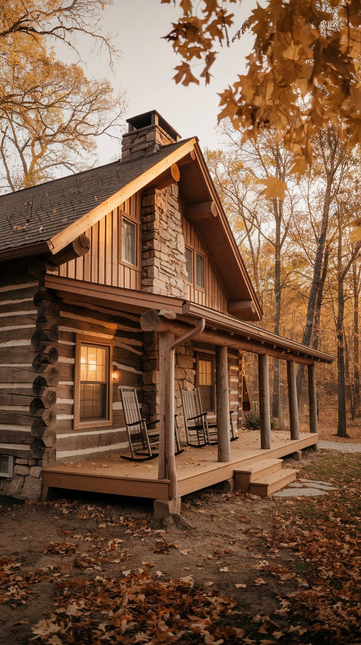 real rustic log cabin exterior, nestled in an autumn forest, golden hour lighting, handcrafted logs, stone chimney, inviting porch with rocking chairs, warm glow emanating from windows, fallen leaves scattered around