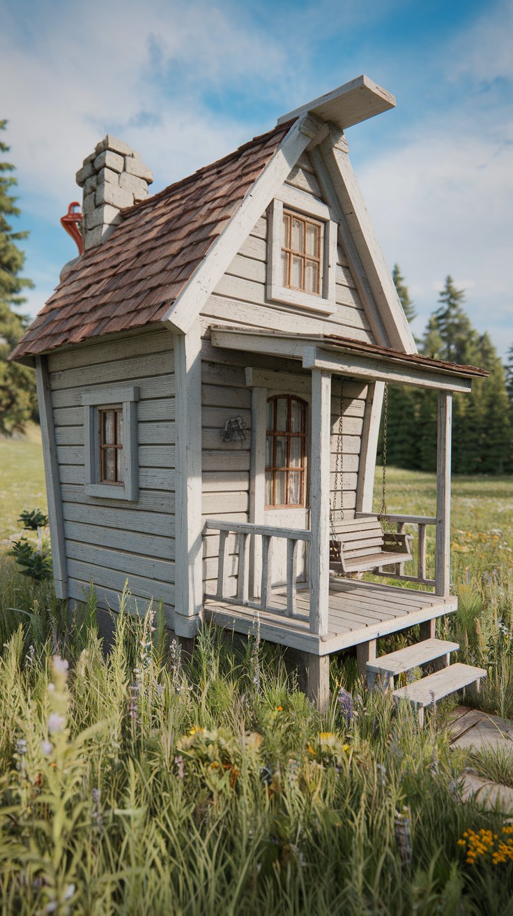 tiny rustic cabin exterior, surrounded by wildflowers in a meadow, very small footprint, charming and quaint, wooden siding, small porch with swing