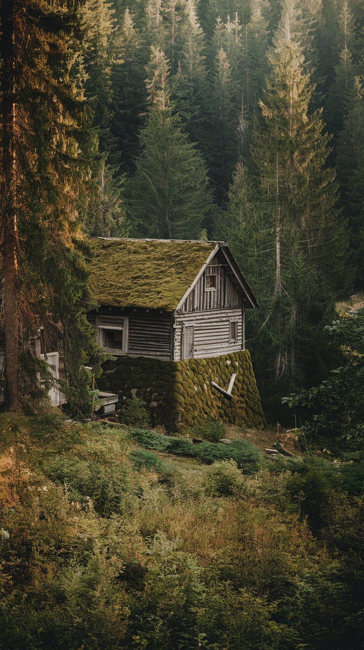 secluded rustic cabin exterior, deep in a dense forest, dappled sunlight filtering through trees, moss-covered stone foundation,