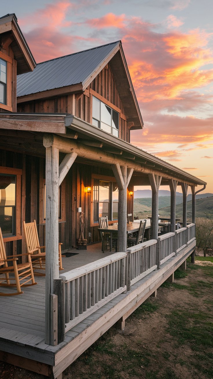 rustic cabin exterior with a large wraparound porch, overlooking rolling hills, porch furnished with rocking chairs, outdoor dining table, and string lights, wooden porch swing
