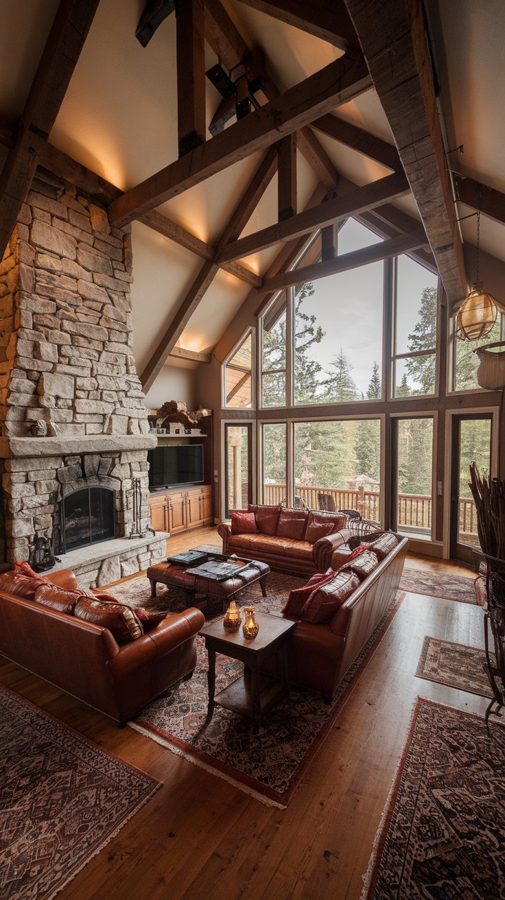 luxury rustic cabin living room, high ceilings with exposed beams, large stone fireplace, plush leather furniture, hardwood floors with rugs, floor-to-ceiling windows overlooking forest, upscale rustic decor