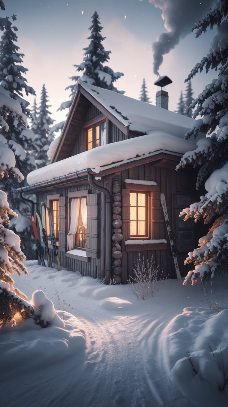winter rustic cabin exterior, snow-covered landscape, cozy cabin with warm light spilling from windows, smoke curling from chimney, snow-covered pine trees, skis propped against cabin wall