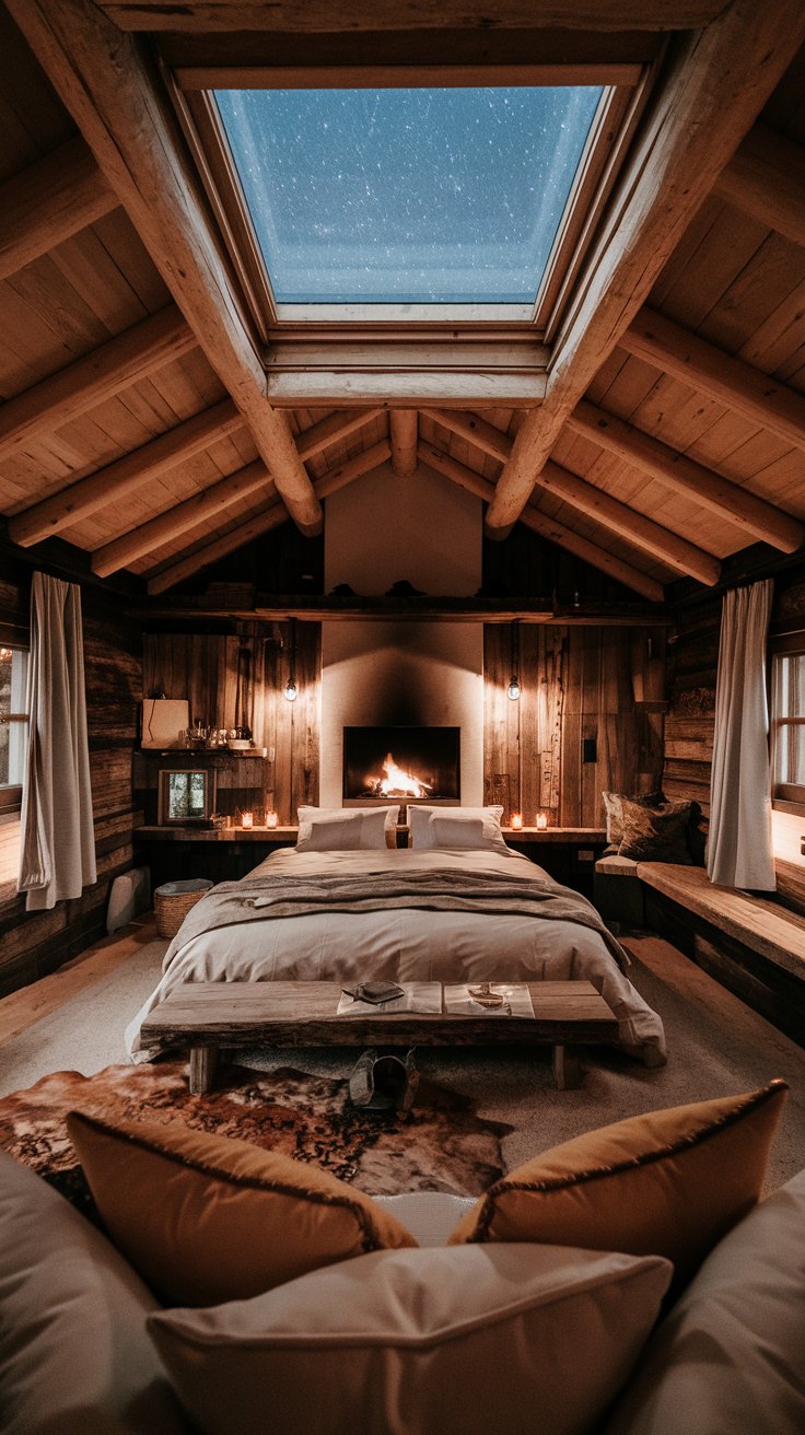 romantic rustic cabin bedroom, king-size bed with soft linens, fireplace in bedroom, warm candlelight, cozy and intimate atmosphere, view of stars through skylight