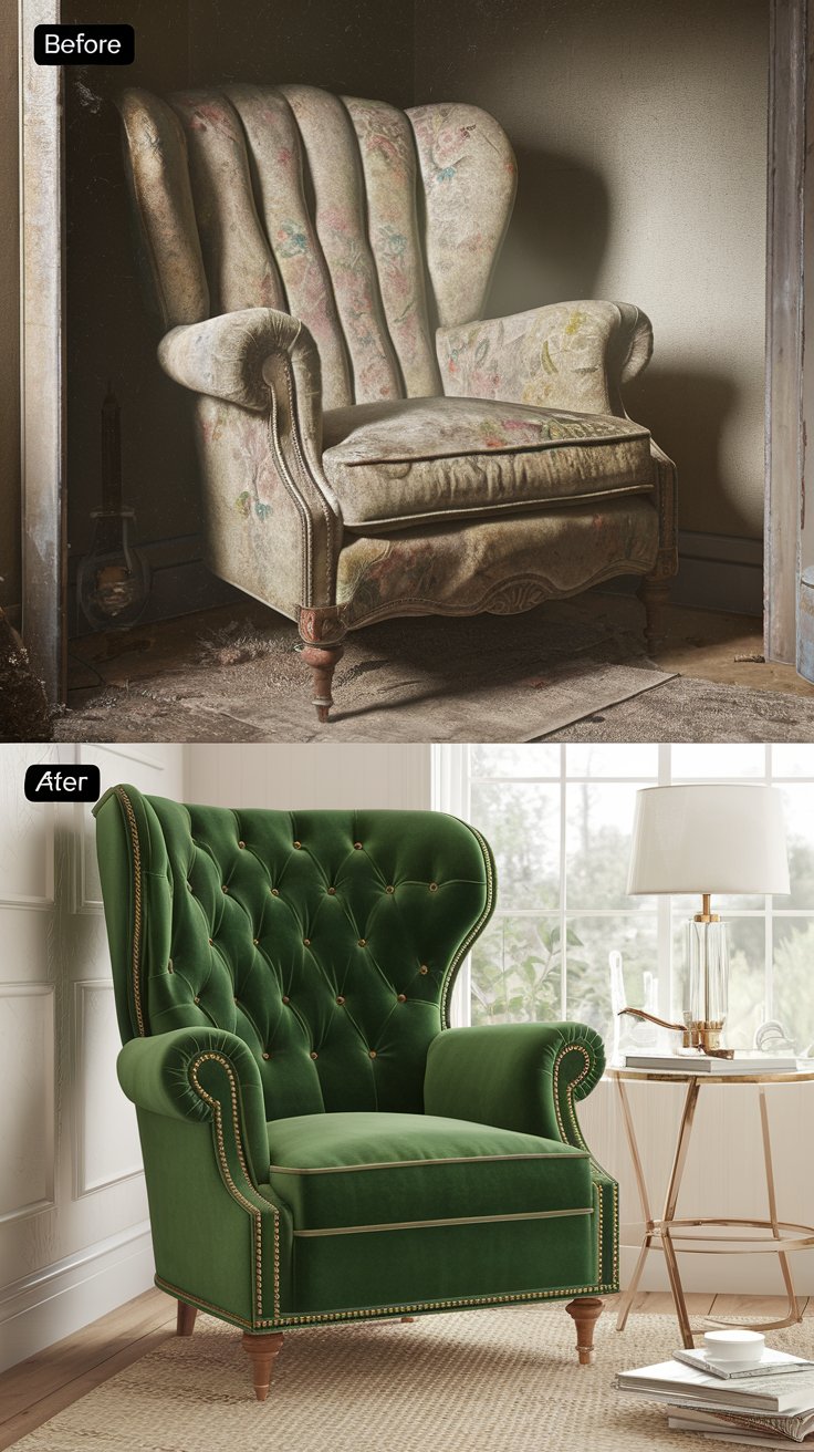 A before-and-after scene of a vintage armchair. Before: Dusty, faded floral upholstery, in a dimly lit corner. After: Reupholstered in emerald green velvet with brass studs, in a bright reading nook with a side table and lamp