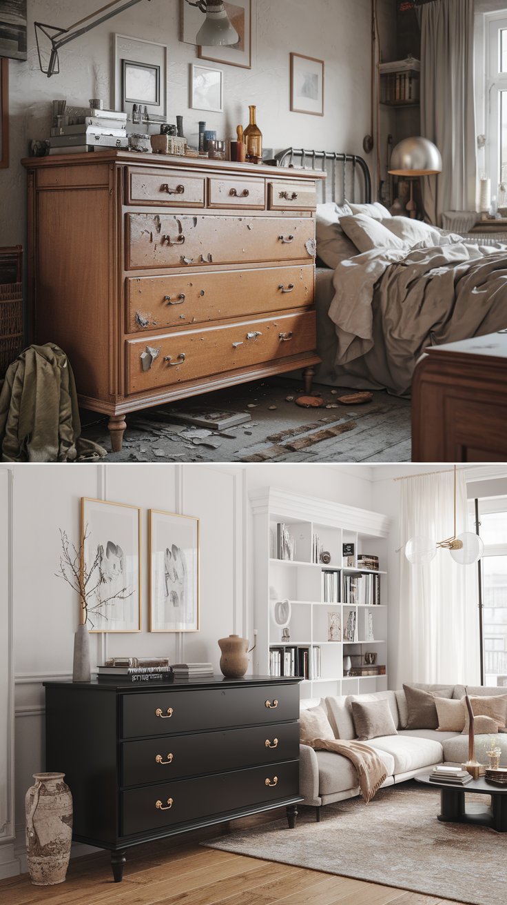 A before-and-after scene of a wooden dresser. Before: Worn-out with chipped paint and missing handles in a cluttered bedroom. After: Painted matte black with gold handles, styled with vases and books in a bright, modern living room