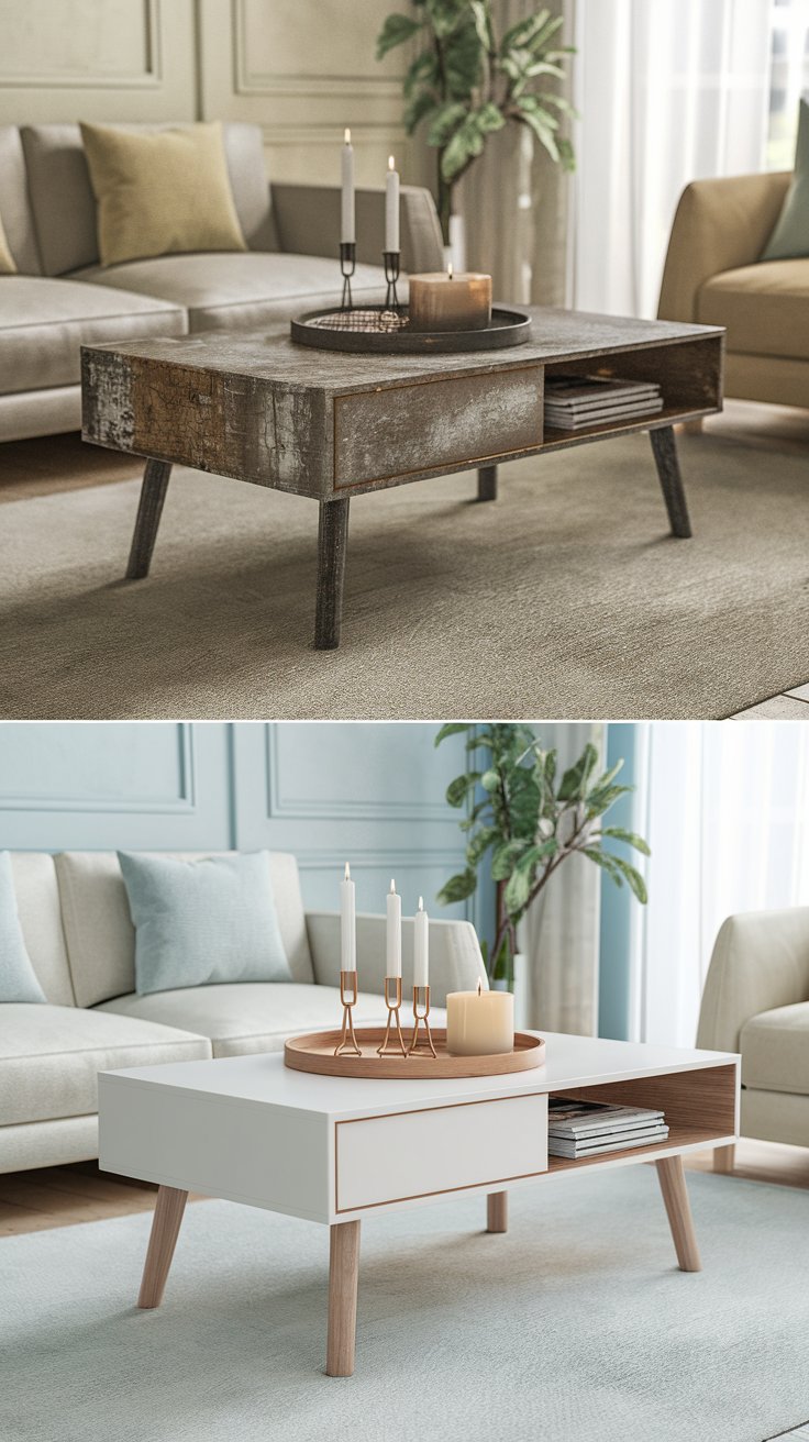 A before-and-after scene of a coffee table. Before: Scratched and outdated with a dull finish in a lackluster living room. After: Two-tone with a white top and natural wood legs, styled with a tray, candles, and magazines in a bright, airy space