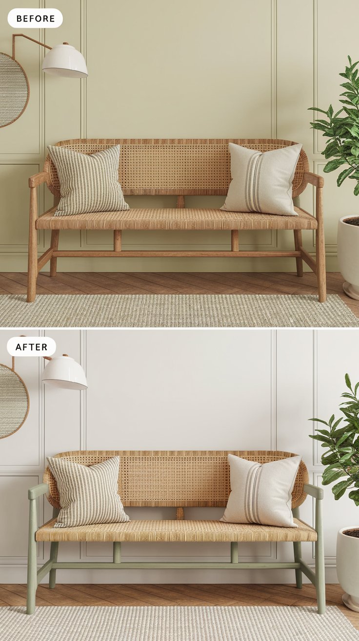 A before-and-after scene of a wooden bench. Before: Plain and characterless in a hallway. After: Boho-chic with a woven rattan seat and sage green legs, styled with a throw pillow and potted plant