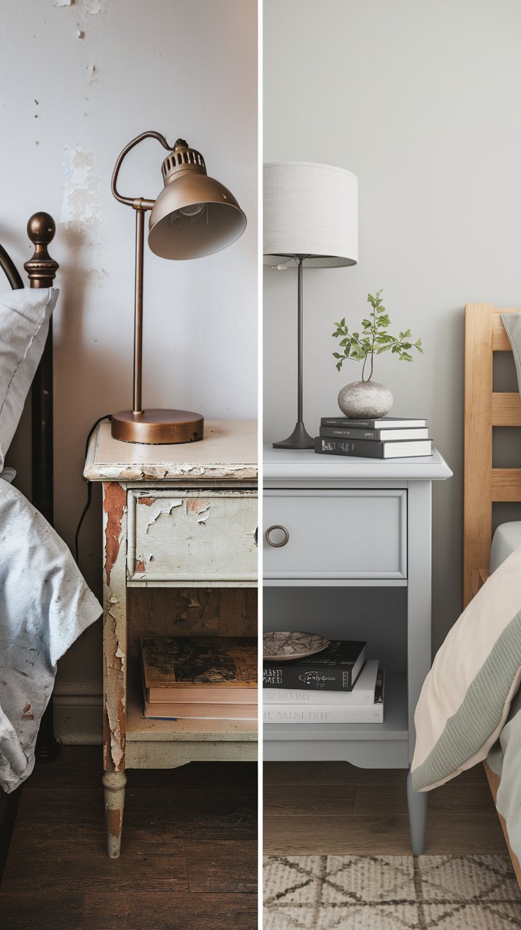 A before-and-after scene of a nightstand. Before: Dated with peeling paint next to an unmade bed. After: Painted soft gray, styled with a modern lamp, small plant, and books in a serene bedroom