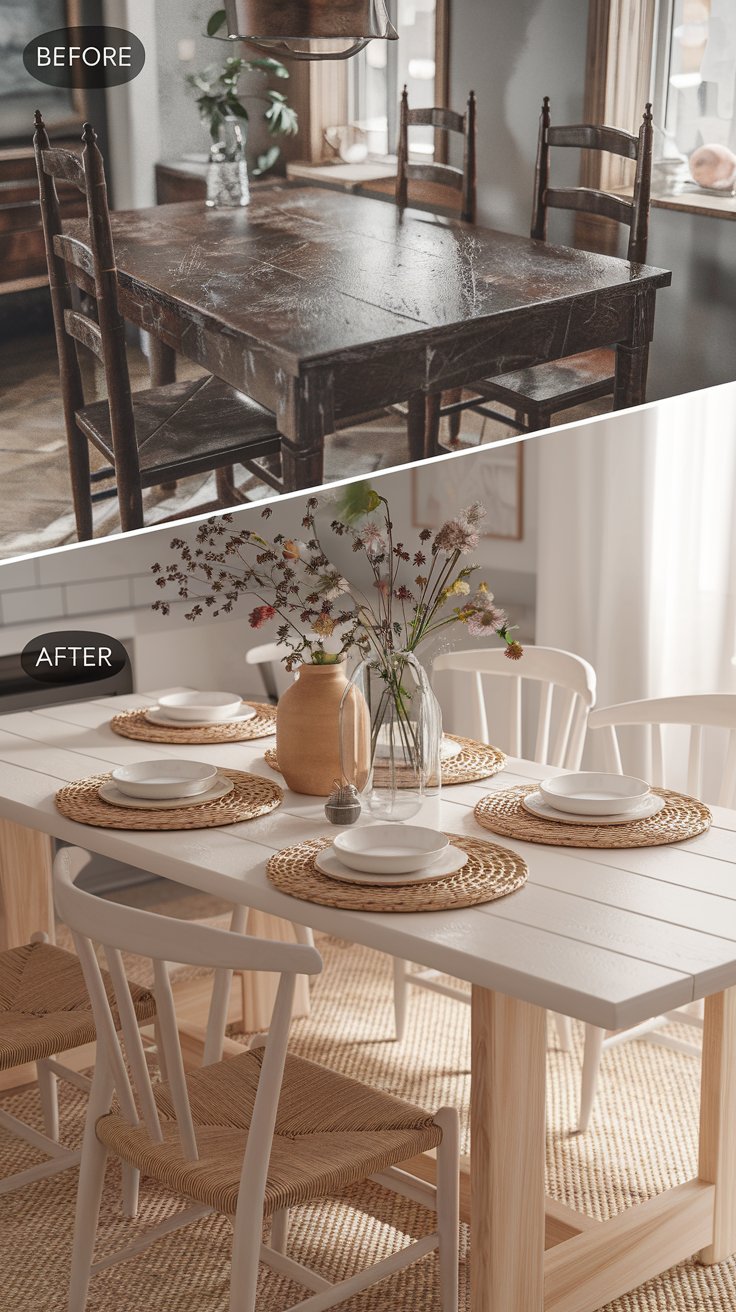A before-and-after scene of a dining table. Before: Scratched dark wood in a cramped dining room. After: Whitewashed top with natural wood legs in a bright, open dining space, styled with woven placemats and wildflowers