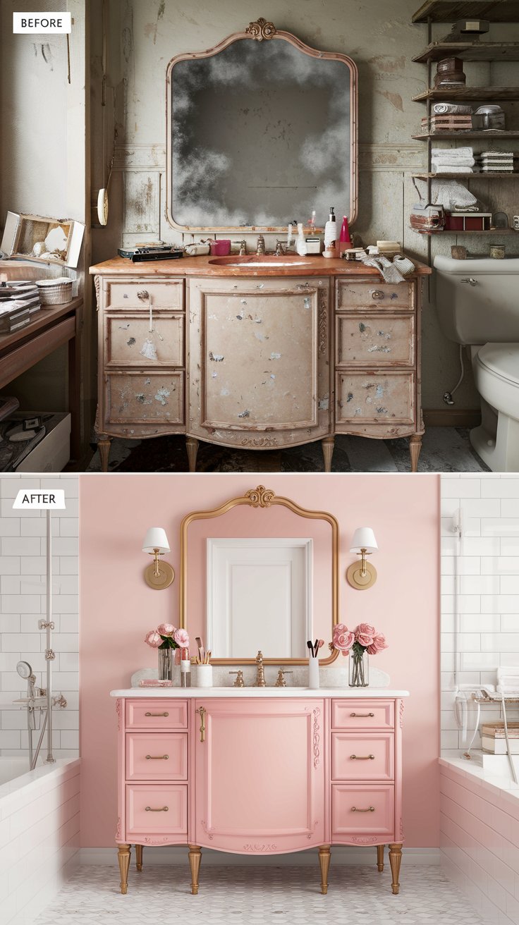 A before-and-after scene of a vanity. Before: Old and chipped with a cloudy mirror in a cluttered bathroom. After: Painted blush pink with gold accents, new mirror, styled with makeup brushes and roses in a chic bathroom