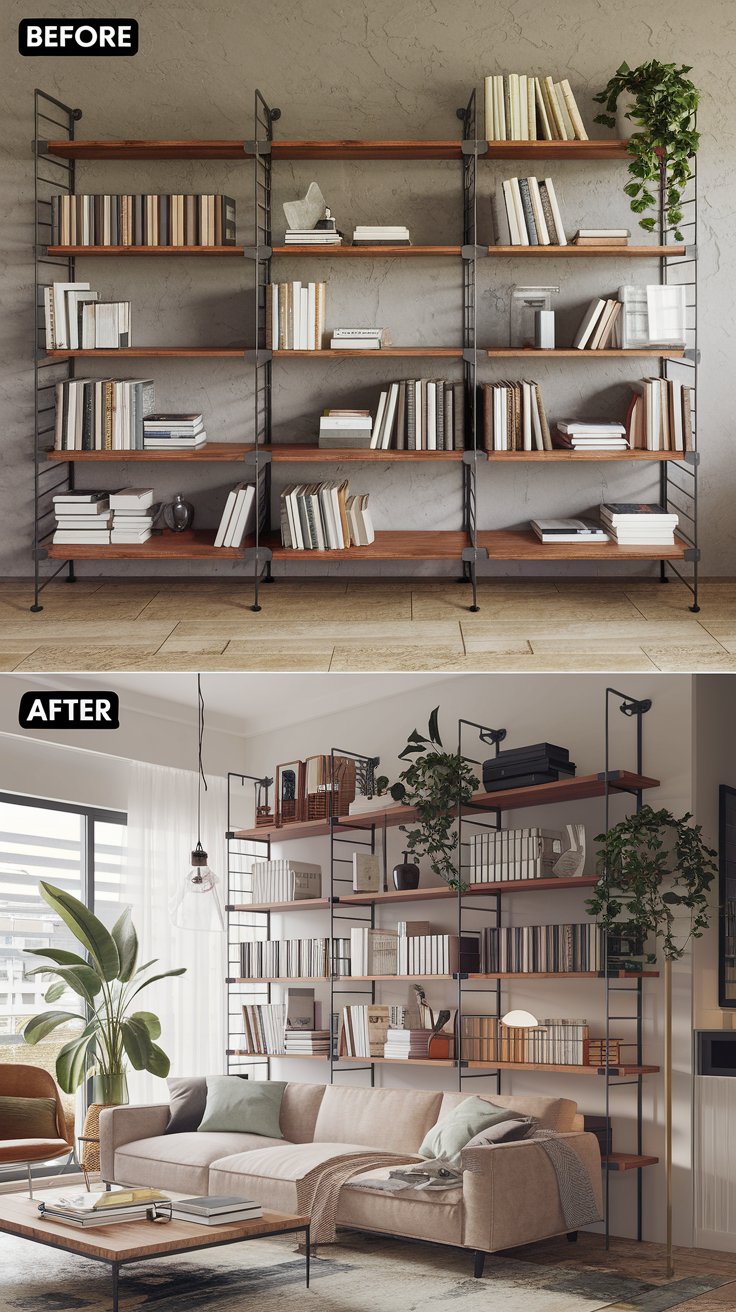A before-and-after scene of a bookshelf. Before: Plain and wobbly with outdated design, cluttered with books. After: Industrial-style with metal accents and reclaimed wood shelves, styled with books, plants, and decor in a modern living room