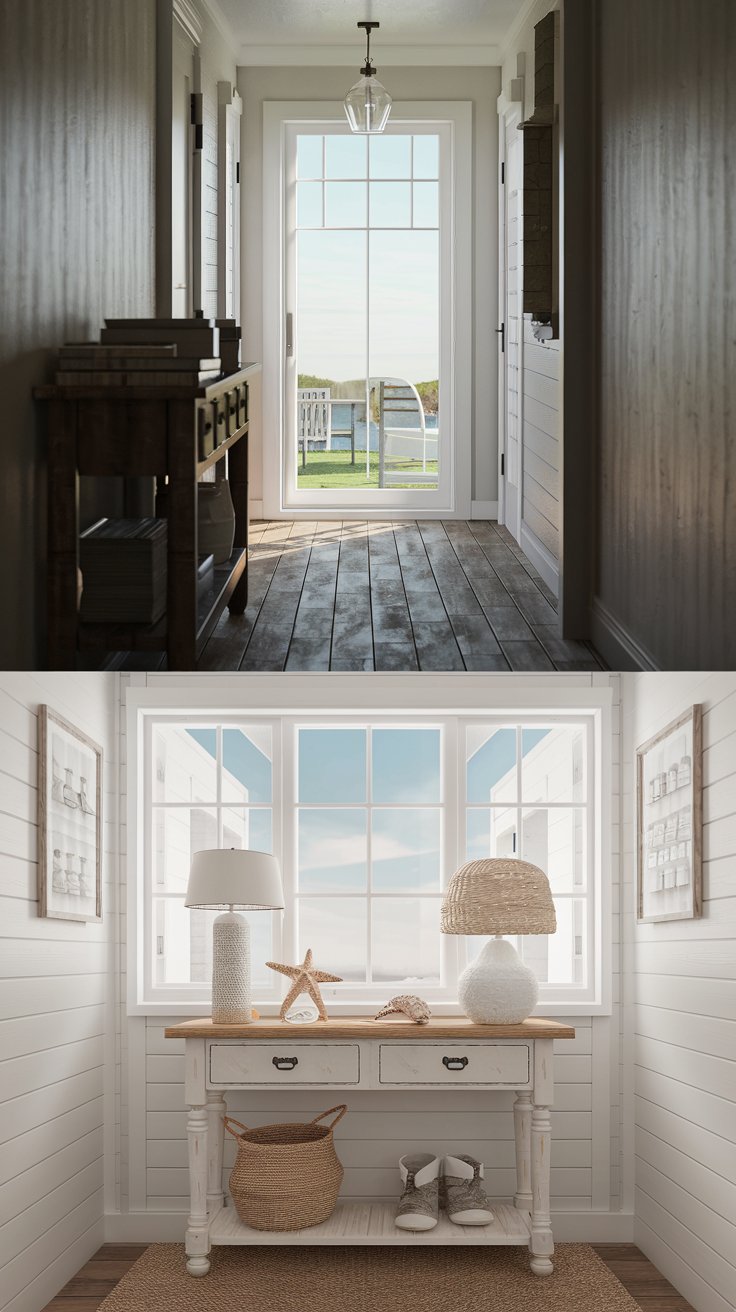 A before-and-after scene of a console table. Before: Dark and heavy in a narrow hallway. After: Painted white with a distressed finish, styled with a woven basket, lamp, and seashells in a bright, coastal hallway