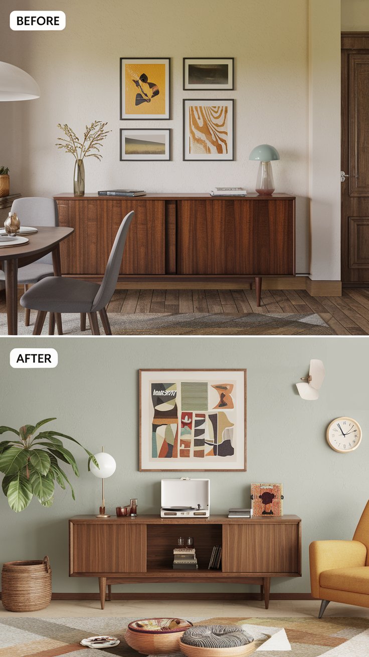 A before-and-after scene of a sideboard. Before: Bulky and outdated with a dull finish in a dining room. After: Sleek mid-century modern with tapered legs and walnut finish, styled with a record player and vintage decor in a retro living room