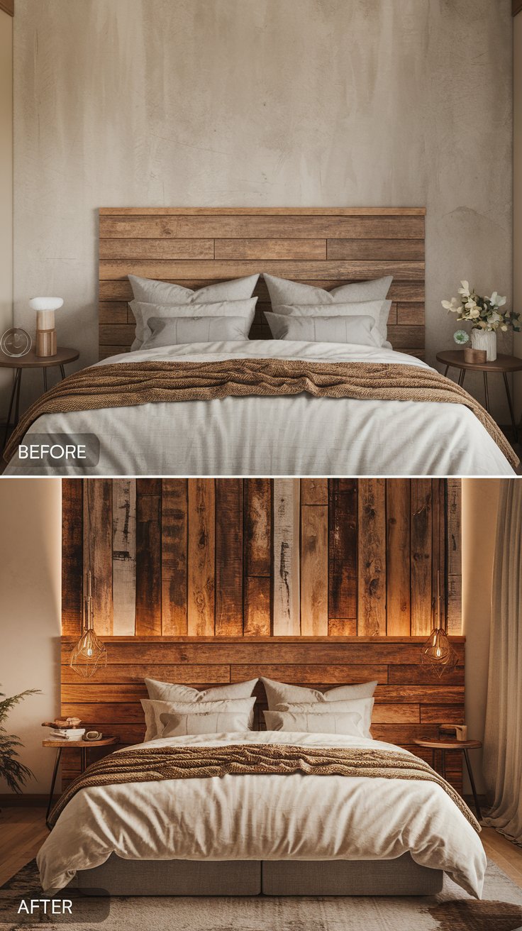 A before-and-after scene of a headboard. Before: Plain and boring in a lackluster bedroom. After: Rustic headboard made from reclaimed barn wood, styled with cozy bedding and soft lighting in a warm bedroom