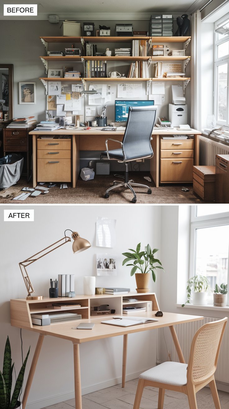 A before-and-after scene of a desk. Before: Cluttered and outdated in a messy home office. After: Minimalist Scandinavian-inspired desk with light wood finish, styled with a lamp, plant, and stationery in a bright office