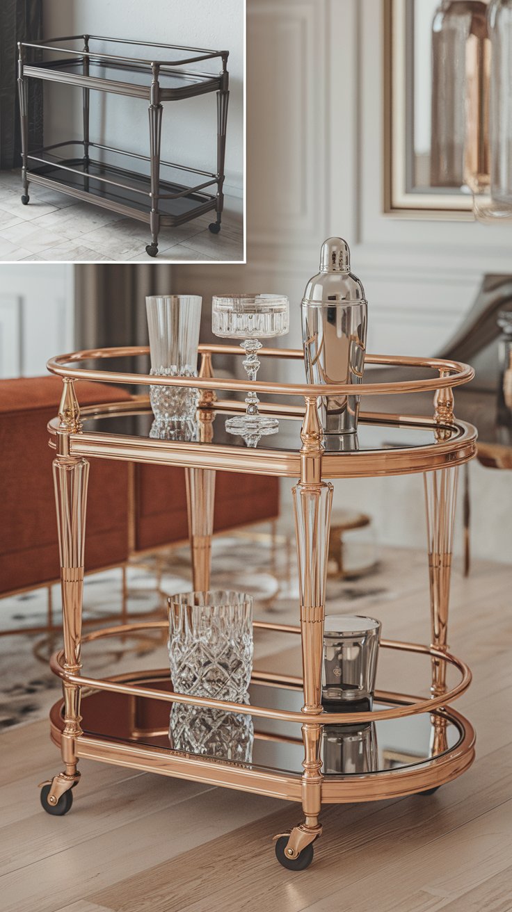 A before-and-after scene of a bar cart. Before: Plain metal with no personality in a corner. After: Art Deco style with gold accents and mirrored shelves, styled with crystal glasses and a cocktail shaker in a chic living room