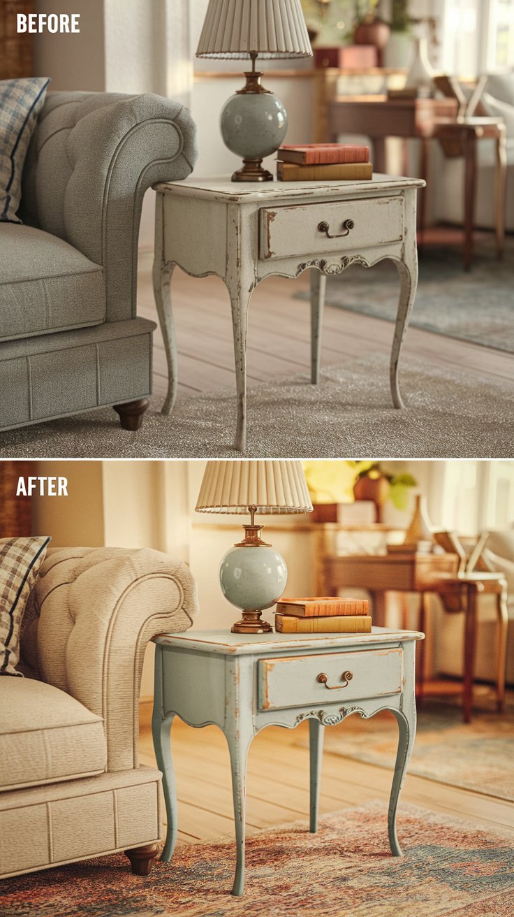 A before-and-after scene of a side table. Before: Scratched and outdated next to a sofa. After: Shabby chic in pastel blue with distressed edges, styled with a vintage lamp and books in a cozy living room.