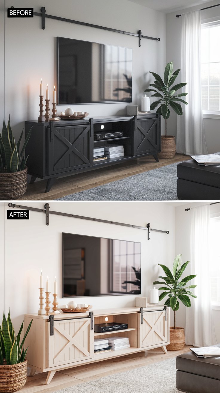 A before-and-after scene of a TV stand. Before: Bulky and dark in a small living room. After: Modern farmhouse with sliding barn doors and light wood finish, styled with a TV, candles, and a plant in a bright space