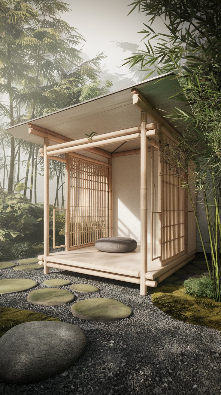 A serene and minimalist Zen Retreat Pavilion nestled in a lush garden. The pavilion is crafted from natural bamboo and light wood, featuring clean, simple lines and a gently sloping roof. Inside, a single meditation cushion sits on a smooth stone floor. The surrounding landscape includes a meticulously raked gravel garden, moss-covered stones, and a small bamboo grove