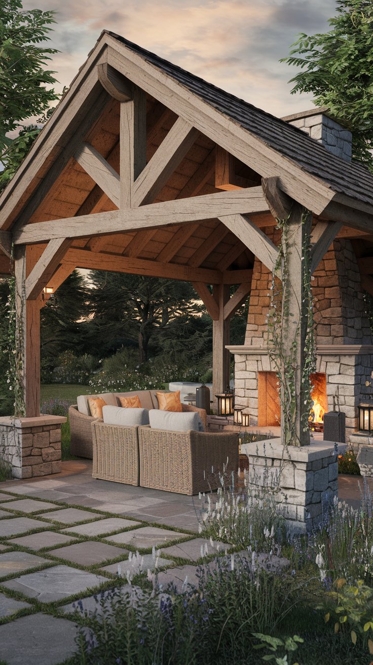 A cozy and inviting Rustic Charm Pavilion in a backyard garden. The pavilion is built from rough-hewn timber and natural stone, featuring a pitched roof with exposed beams and a stone fireplace at one end. Comfortable wicker furniture with warm cushions is arranged around the fireplace. The surrounding landscape includes wildflowers, climbing vines on the pavilion posts, and a flagstone patio.
