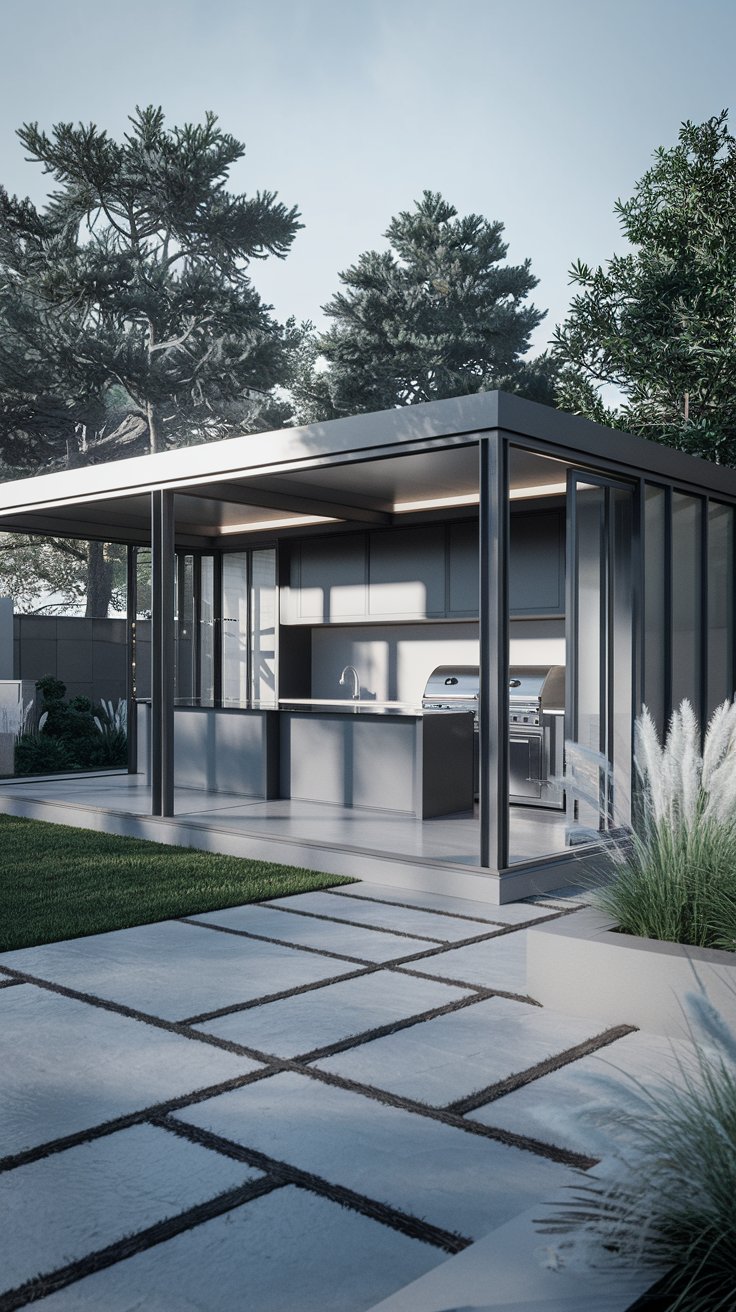 A sleek and sophisticated Modern Minimalist Pavilion in a contemporary garden. The pavilion features clean lines, a flat roof, and is constructed from steel and glass. An outdoor kitchen with stainless steel appliances and a built-in bar is integrated into the pavilion design. The surrounding landscape includes a minimalist lawn, geometric stone pavers, and architectural plants like ornamental grasses