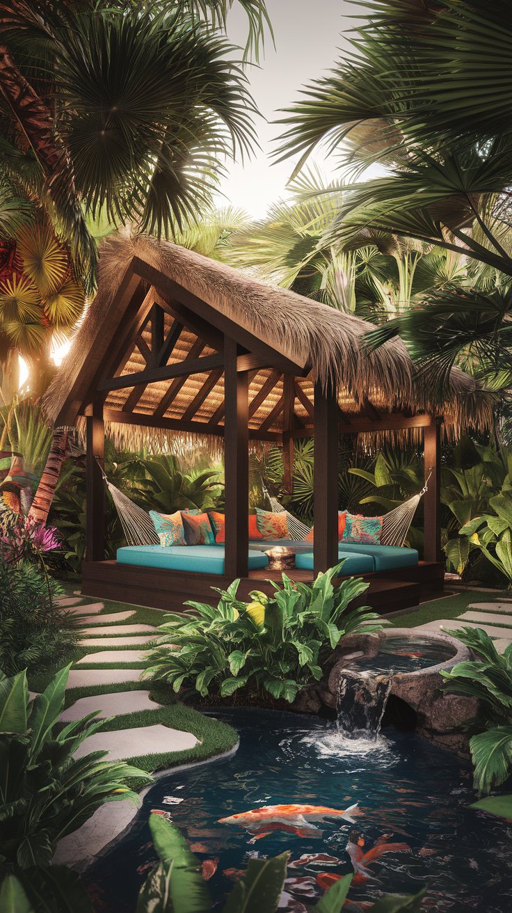 A vibrant and lush Tropical Oasis Pavilion in an exotic garden. The pavilion is constructed from dark, rich wood with a thatched roof, surrounded by dense tropical foliage. Hammocks and colorful cushions invite relaxation. A small waterfall feature cascades into a koi pond nearby.