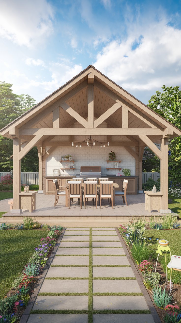 A spacious and welcoming Family Gathering Pavilion in a large backyard. The pavilion is built from sturdy wood with a high, gabled roof, featuring a large dining table and chairs at the center. A built-in BBQ grill and outdoor serving area are included
